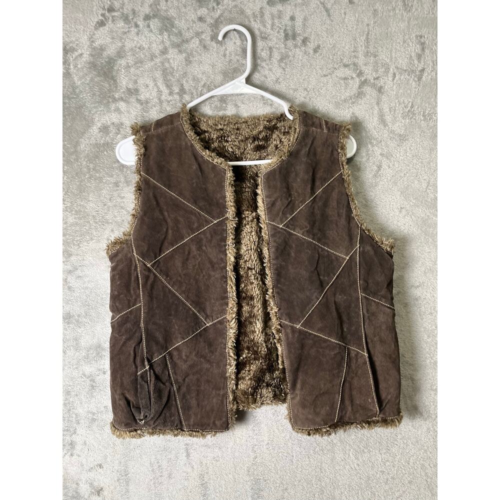 Vintage Y2K Brown Leather PatchWork Moto‎ Vest Grunge Boho Cozy Layered Jacket M
